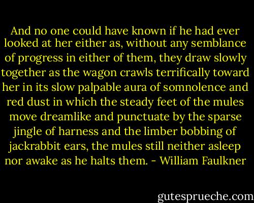 And no one could have known if he had ever looked at her either as, without any semblance of progress in either of them, they draw slowly together as the wagon crawls terrifically toward her in its slow palpable aura of somnolence and red dust in which the steady feet of the mules move dreamlike and punctuate by the sparse jingle of harness and the limber bobbing of jackrabbit ears, the mules still neither asleep nor awake as he halts them. - William Faulkner