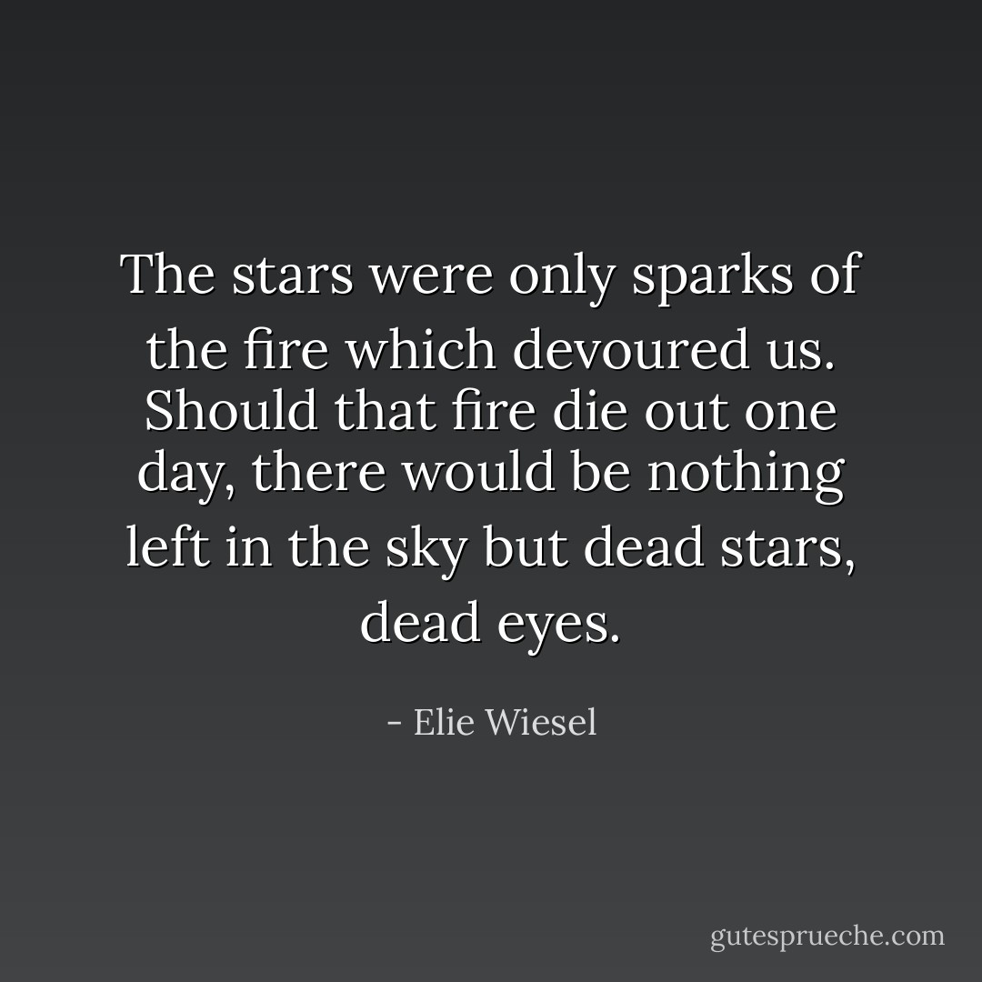The stars were only sparks of the fire which devoured us. Should that fire die out one day, there would be nothing left in the sky but dead stars, dead eyes. - Elie Wiesel