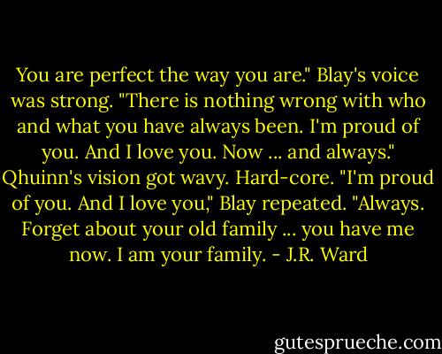 You are perfect the way you are." Blay's voice was strong. "There is nothing wrong with who and what you have always been. I'm proud of you. And I love you. Now ... and always."<br />Qhuinn's vision got wavy. Hard-core.<br />"I'm proud of you. And I love you," Blay repeated. "Always. Forget about your old family ... you have me now. I am your family. - J.R. Ward