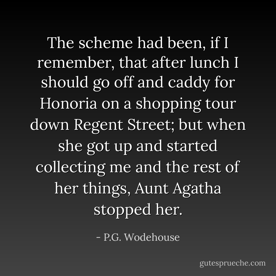 The scheme had been, if I remember, that after lunch I should go off and caddy for Honoria on a shopping tour down Regent Street; but when she got up and started collecting me and the rest of her things, Aunt Agatha stopped her. - P.G. Wodehouse