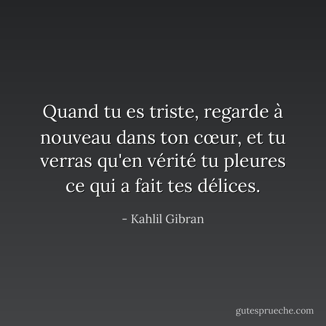 Quand tu es triste, regarde à nouveau dans ton cœur, et tu verras qu'en vérité tu pleures ce qui a fait tes délices. - Kahlil Gibran