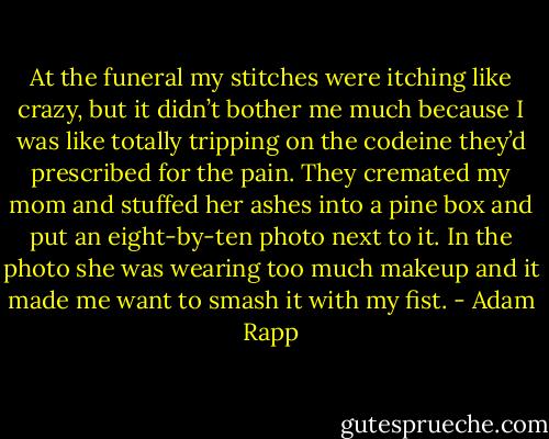 At the funeral my stitches were itching like crazy, but it didn’t bother me much because I was like totally tripping on the codeine they’d prescribed for the pain. They cremated my mom and stuffed her ashes into a pine box and put an eight-by-ten photo next to it. In the photo she was wearing too much makeup and it made me want to smash it with my fist. - Adam Rapp