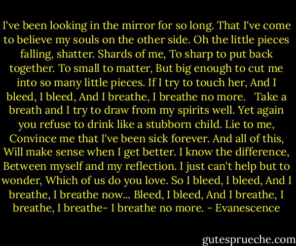 I've been looking in the mirror for so long.<br />That I've come to believe my souls on the other side.<br />Oh the little pieces falling, shatter.<br />Shards of me,<br />To sharp to put back together.<br />To small to matter,<br />But big enough to cut me into so many little pieces.<br />If I try to touch her,<br />And I bleed,<br />I bleed,<br />And I breathe,<br />I breathe no more. <br /><br />Take a breath and I try to draw from my spirits well.<br />Yet again you refuse to drink like a stubborn child.<br />Lie to me,<br />Convince me that I've been sick forever.<br />And all of this,<br />Will make sense when I get better.<br />I know the difference,<br />Between myself and my reflection.<br />I just can't help but to wonder,<br />Which of us do you love.<br />So I bleed,<br />I bleed,<br />And I breathe,<br />I breathe now...<br />Bleed,<br />I bleed,<br />And I breathe,<br />I breathe,<br />I breathe-<br />I breathe no more. - Evanescence