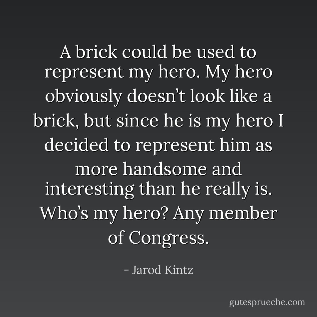 A brick could be used to represent my hero. My hero obviously doesn’t look like a brick, but since he is my hero I decided to represent him as more handsome and interesting than he really is. Who’s my hero? Any member of Congress. - Jarod Kintz