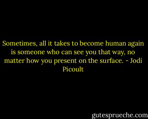 Sometimes, all it takes to become human again is someone who can see you that way, no matter how you present on the surface. - Jodi Picoult