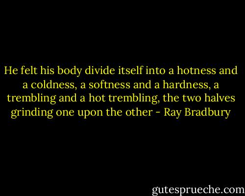 He felt his body divide itself into a hotness and a coldness, a softness and a hardness, a trembling and a hot trembling, the two halves grinding one upon the other - Ray Bradbury