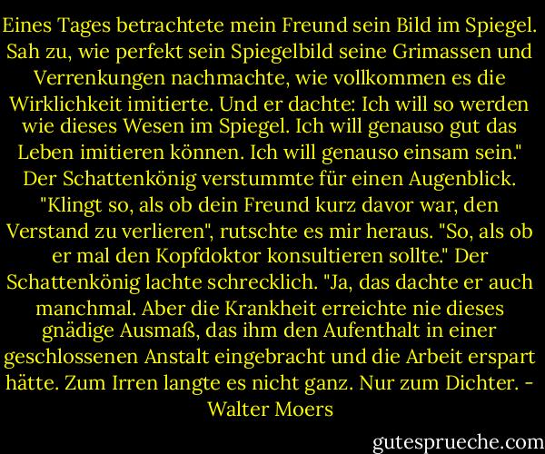 Eines Tages betrachtete mein Freund sein Bild im Spiegel. Sah zu, wie perfekt sein Spiegelbild seine Grimassen und Verrenkungen nachmachte, wie vollkommen es die Wirklichkeit imitierte. Und er dachte: Ich will so werden wie dieses Wesen im Spiegel. Ich will genauso gut das Leben imitieren können. Ich will genauso einsam sein."<br />Der Schattenkönig verstummte für einen Augenblick.<br />"Klingt so, als ob dein Freund kurz davor war, den Verstand zu verlieren", rutschte es mir heraus. "So, als ob er mal den Kopfdoktor konsultieren sollte."<br />Der Schattenkönig lachte schrecklich.<br />"Ja, das dachte er auch manchmal. Aber die Krankheit erreichte nie dieses gnädige Ausmaß, das ihm den Aufenthalt in einer geschlossenen Anstalt eingebracht und die Arbeit erspart hätte. Zum Irren langte es nicht ganz. Nur zum Dichter. - Walter Moers