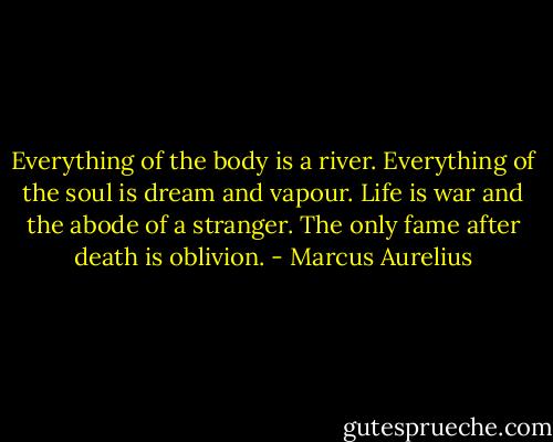 Everything of the body is a river. Everything of the soul is dream and vapour. Life is war and the abode of a stranger. The only fame after death is oblivion. - Marcus Aurelius