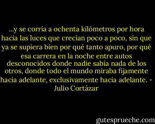 ...y se corría a ochenta kilómetros por hora hacia las luces que crecían poco a poco, sin que ya se supiera bien por qué tanto apuro, por qué esa carrera en la noche entre autos desconocidos donde nadie sabía nada de los otros, donde todo el mundo miraba fijamente hacia adelante, exclusivamente hacia adelante. - Julio Cortázar