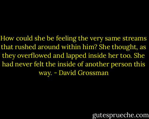 How could she be feeling the very same streams that rushed around within him? She thought, as they overflowed and lapped inside her too. She had never felt the inside of another person this way. - David Grossman