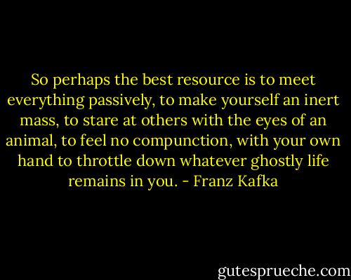 So perhaps the best resource is to meet everything passively, to make yourself an inert mass, to stare at others with the eyes of an animal, to feel no compunction, with your own hand to throttle down whatever ghostly life remains in you. - Franz Kafka