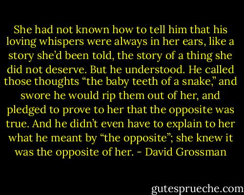 She had not known how to tell him that his loving whispers were always in her ears, like a story she’d been told, the story of a thing she did not deserve. But he understood. He called those thoughts “the baby teeth of a snake,” and swore he would rip them out of her, and pledged to prove to her that the opposite was true. And he didn’t even have to explain to her what he meant by “the opposite”; she knew it was the opposite of her. - David Grossman