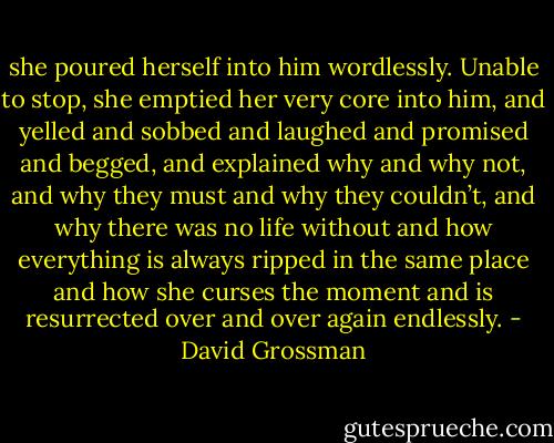 she poured herself into him wordlessly. Unable to stop, she emptied her very core into him, and yelled and sobbed and laughed and promised and begged, and explained why and why not, and why they must and why they couldn’t, and why there was no life without and how everything is always ripped in the same place and how she curses the moment and is resurrected over and over again endlessly. - David Grossman