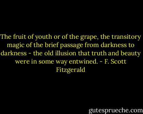 The fruit of youth or of the grape, the transitory magic of the brief passage from darkness to darkness - the old illusion that truth and beauty were in some way entwined. - F. Scott Fitzgerald