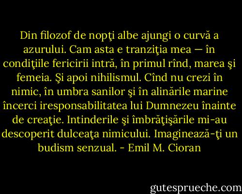 Din filozof de nopţi albe ajungi o curvă a azurului. Cam asta e tranziţia mea — în condiţiile fericirii intră, în primul rînd, marea şi femeia. Şi apoi nihilismul. Cînd nu crezi în nimic, în umbra sanilor şi în alinările marine încerci iresponsabilitatea lui Dumnezeu înainte de creaţie. Intinderile şi îmbrăţişările mi-au descoperit dulceaţa nimicului. Imaginează-ţi un budism senzual. - Emil M. Cioran