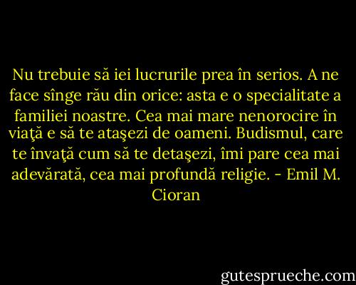 Nu trebuie să iei lucrurile prea în serios. A ne face sînge rău din orice: asta e o specialitate a familiei noastre. Cea mai mare nenorocire în viaţă e să te ataşezi de oameni. Budismul, care te învaţă cum să te detaşezi, îmi pare cea mai adevărată, cea mai profundă religie. - Emil M. Cioran