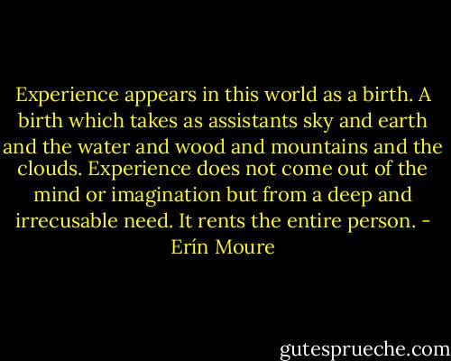 Experience appears in this world as a birth. A birth which takes as assistants sky and earth and the water and wood and mountains and the clouds. Experience does not come out of the mind or imagination but from a deep and irrecusable need. It rents the entire person. - Erín Moure