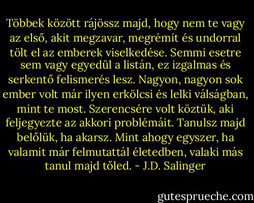 Többek között rájössz majd, hogy nem te vagy az első, akit megzavar, megrémít és undorral tölt el az emberek viselkedése. Semmi esetre sem vagy egyedül a listán, ez izgalmas és serkentő felismerés lesz. Nagyon, nagyon sok ember volt már ilyen erkölcsi és lelki válságban, mint te most. Szerencsére volt köztük, aki feljegyezte az akkori problémáit. Tanulsz majd belőlük, ha akarsz. Mint ahogy egyszer, ha valamit már felmutattál életedben, valaki más tanul majd tőled. - J.D. Salinger