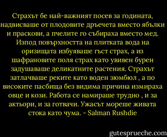 Страхът бе най-важният посев за годината, надвисваше от плодовите дръечета вместо ябълки и праскови, а пчелите го събираха вместо мед. Изпод повърхността на плитката вода на оризищата избуяваше гъст страх, а из шафрановите поля страх като увивен бурен задушаваше деликатните растения. Страхът затлачваше реките като воден зюмбюл , а по високите пасбища без видима причина измираха овце и кози. Работа се намираше трудно , и за актьори, и за готвачи. Ужасът мореше живата стока като чума. - Salman Rushdie