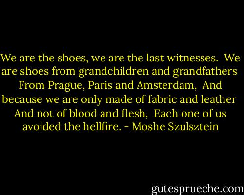 We are the shoes, we are the last witnesses. <br />We are shoes from grandchildren and grandfathers <br />From Prague, Paris and Amsterdam, <br />And because we are only made of fabric and leather <br />And not of blood and flesh, <br />Each one of us avoided the hellfire. - Moshe Szulsztein