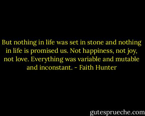 But nothing in life was set in stone and nothing in life is promised us. Not happiness, not joy, not love. Everything was variable and mutable and inconstant. - Faith Hunter