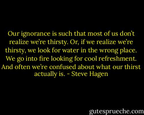 Our ignorance is such that most of us don’t realize we’re thirsty. Or, if we realize we’re thirsty, we look for water in the wrong place. We go into fire looking for cool refreshment. And often we’re confused about what our thirst actually is. - Steve Hagen