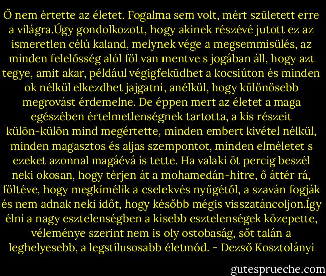 Ő nem értette az életet. Fogalma sem volt, mért született erre a világra.Úgy gondolkozott, hogy akinek részévé jutott ez az ismeretlen célú kaland, melynek vége a megsemmisülés, az minden felelősség alól föl van mentve s jogában áll, hogy azt tegye, amit akar, például végigfeküdhet a kocsiúton és minden ok nélkül elkezdhet jajgatni, anélkül, hogy különösebb megrovást érdemelne. De éppen mert az életet a maga egészében értelmetlenségnek tartotta, a kis részeit külön-külön mind megértette, minden embert kivétel nélkül, minden magasztos és aljas szempontot, minden elméletet s ezeket azonnal magáévá is tette. Ha valaki öt percig beszél neki okosan, hogy térjen át a mohamedán-hitre, ő áttér rá, föltéve, hogy megkímélik a cselekvés nyűgétől, a szaván fogják és nem adnak neki időt, hogy később mégis visszatáncoljon.Így élni a nagy esztelenségben a kisebb esztelenségek közepette, véleménye szerint nem is oly ostobaság, sőt talán a leghelyesebb, a legstílusosabb életmód. - Dezső Kosztolányi