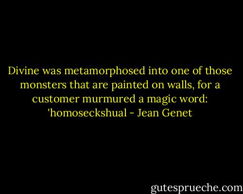 Divine was metamorphosed into one of those monsters that are painted on walls, for a customer murmured a magic word: 'homoseckshual - Jean Genet