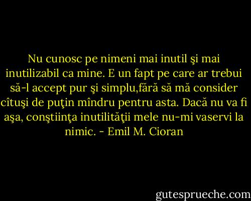 Nu cunosc pe nimeni mai inutil şi mai inutilizabil ca mine. E un fapt pe care ar trebui să-l accept pur şi simplu,fără să mă consider cîtuşi de puţin mîndru pentru asta. Dacă nu va fi aşa, conştiinţa inutilităţii mele nu-mi vaservi la nimic. - Emil M. Cioran