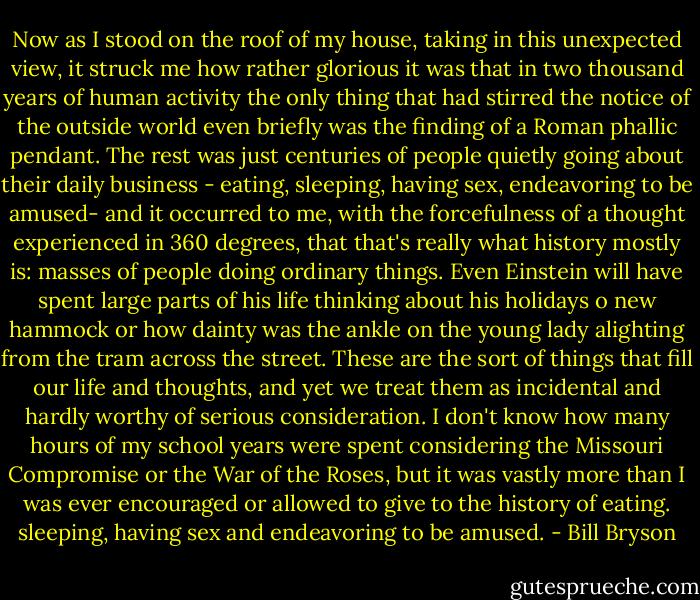 Now as I stood on the roof of my house, taking in this unexpected view, it struck me how rather glorious it was that in two thousand years of human activity the only thing that had stirred the notice of the outside world even briefly was the finding of a Roman phallic pendant. The rest was just centuries of people quietly going about their daily business - eating, sleeping, having sex, endeavoring to be amused- and it occurred to me, with the forcefulness of a thought experienced in 360 degrees, that that's really what history mostly is: masses of people doing ordinary things. Even Einstein will have spent large parts of his life thinking about his holidays o new hammock or how dainty was the ankle on the young lady alighting from the tram across the street. These are the sort of things that fill our life and thoughts, and yet we treat them as incidental and hardly worthy of serious consideration. I don't know how many hours of my school years were spent considering the Missouri Compromise or the War of the Roses, but it was vastly more than I was ever encouraged or allowed to give to the history of eating. sleeping, having sex and endeavoring to be amused. - Bill Bryson