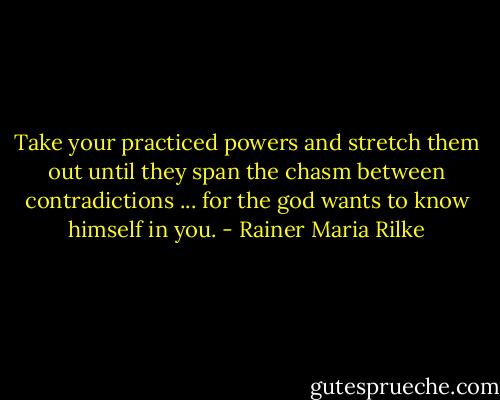 Take your practiced powers and stretch them out until they span the chasm between contradictions ... for the god wants to know himself in you. - Rainer Maria Rilke