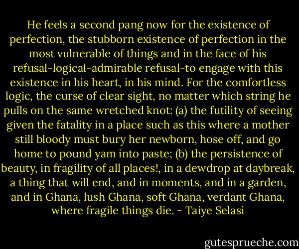 He feels a second pang now for the existence of perfection, the stubborn existence of perfection in the most vulnerable of things and in the face of his refusal-logical-admirable refusal-to engage with this existence in his heart, in his mind. For the comfortless logic, the curse of clear sight, no matter which string he pulls on the same wretched knot: (a) the futility of seeing given the fatality in a place such as this where a mother still bloody must bury her newborn, hose off, and go home to pound yam into paste; (b) the persistence of beauty, in fragility of all places!, in a dewdrop at daybreak, a thing that will end, and in moments, and in a garden, and in Ghana, lush Ghana, soft Ghana, verdant Ghana, where fragile things die. - Taiye Selasi