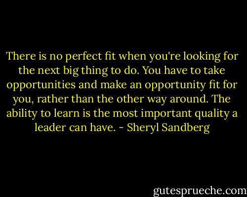 There is no perfect fit when you're looking for the next big thing to do. You have to take opportunities and make an opportunity fit for you, rather than the other way around. The ability to learn is the most important quality a leader can have. - Sheryl Sandberg
