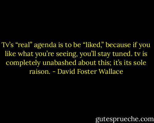 Tv’s “real” agenda is to be “liked,” because if you like what you’re seeing, you’ll stay tuned. tv is completely unabashed about this; it’s its sole raison. - David Foster Wallace