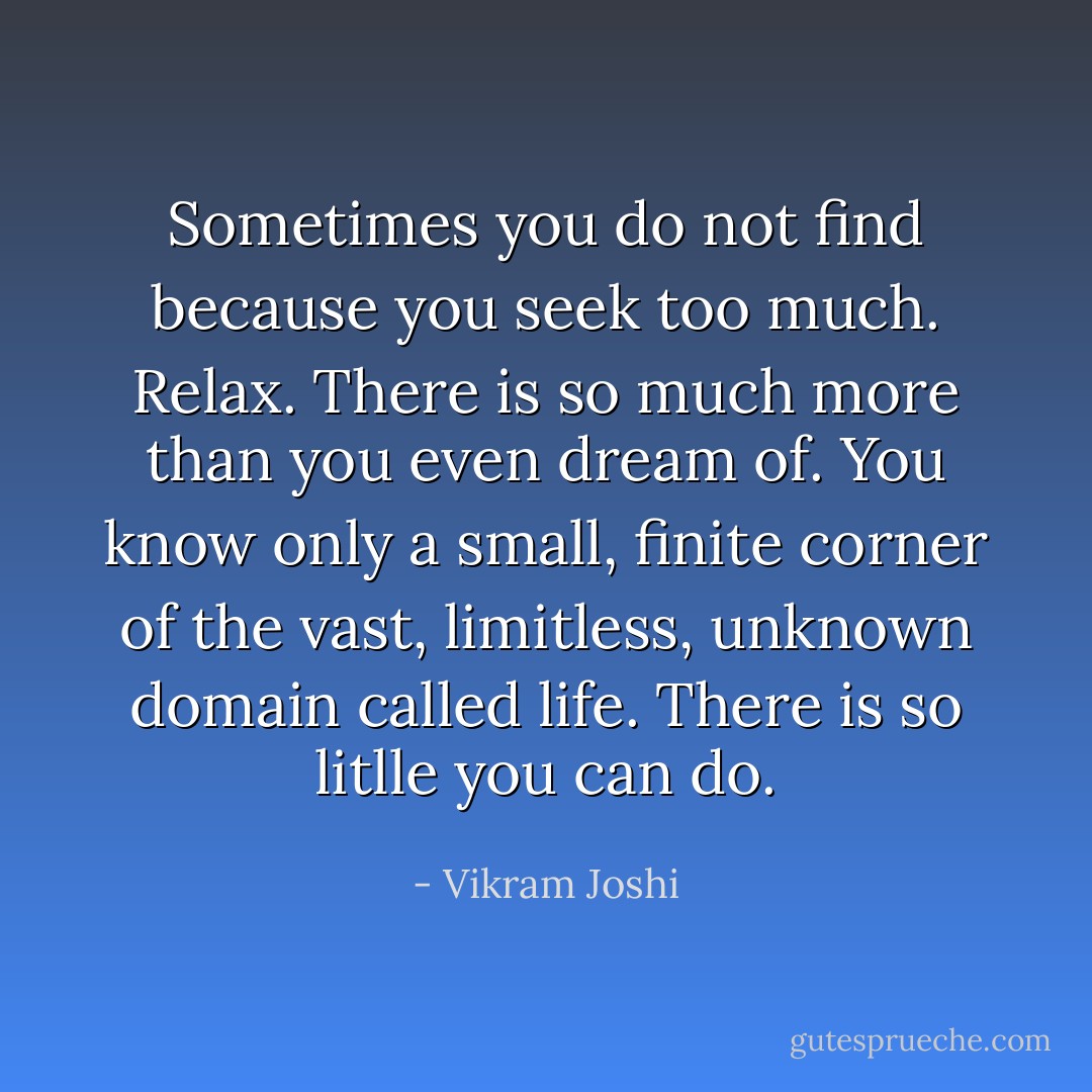 Sometimes you do not find because you seek too much. Relax. There is so much more than you even dream of. You know only a small, finite corner of the vast, limitless, unknown domain called life. There is so litlle you can do. - Vikram Joshi