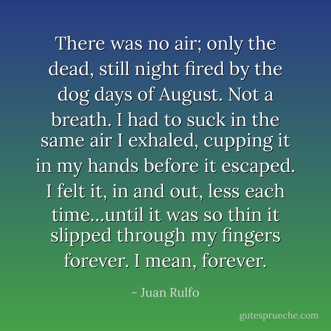 There was no air; only the dead, still night fired by the dog days of August. Not a breath. I had to suck in the same air I exhaled, cupping it in my hands before it escaped. I felt it, in and out, less each time…until it was so thin it slipped through my fingers forever. I mean, forever. - Juan Rulfo