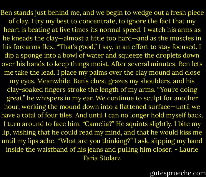 Ben stands just behind me, and we begin to wedge out a fresh piece of clay. I try my best to concentrate, to ignore the fact that my heart is beating at five times its normal speed. I watch his arms as he kneads the clay—almost a little too hard—and as the muscles in his forearms flex. “That’s good,” I say, in an effort to stay focused. I dip a sponge into a bowl of water and squeeze the droplets down over his hands to keep things moist.<br />After several minutes, Ben lets me take the lead. I place my palms over the clay mound and close my eyes. Meanwhile, Ben’s chest grazes my shoulders, and his clay-soaked fingers stroke the length of my arms.<br />“You’re doing great,” he whispers in my ear.<br />We continue to sculpt for another hour, working the mound down into a flattened surface—until we have a total of four tiles.<br />And until I can no longer hold myself back.<br />I turn around to face him.<br />“Camelia?” He squints slightly.<br />I bite my lip, wishing that he could read my mind, and that he would kiss me until my lips ache. “What are you thinking?” I ask, slipping my hand inside the waistband of his jeans and pulling him closer. - Laurie Faria Stolarz
