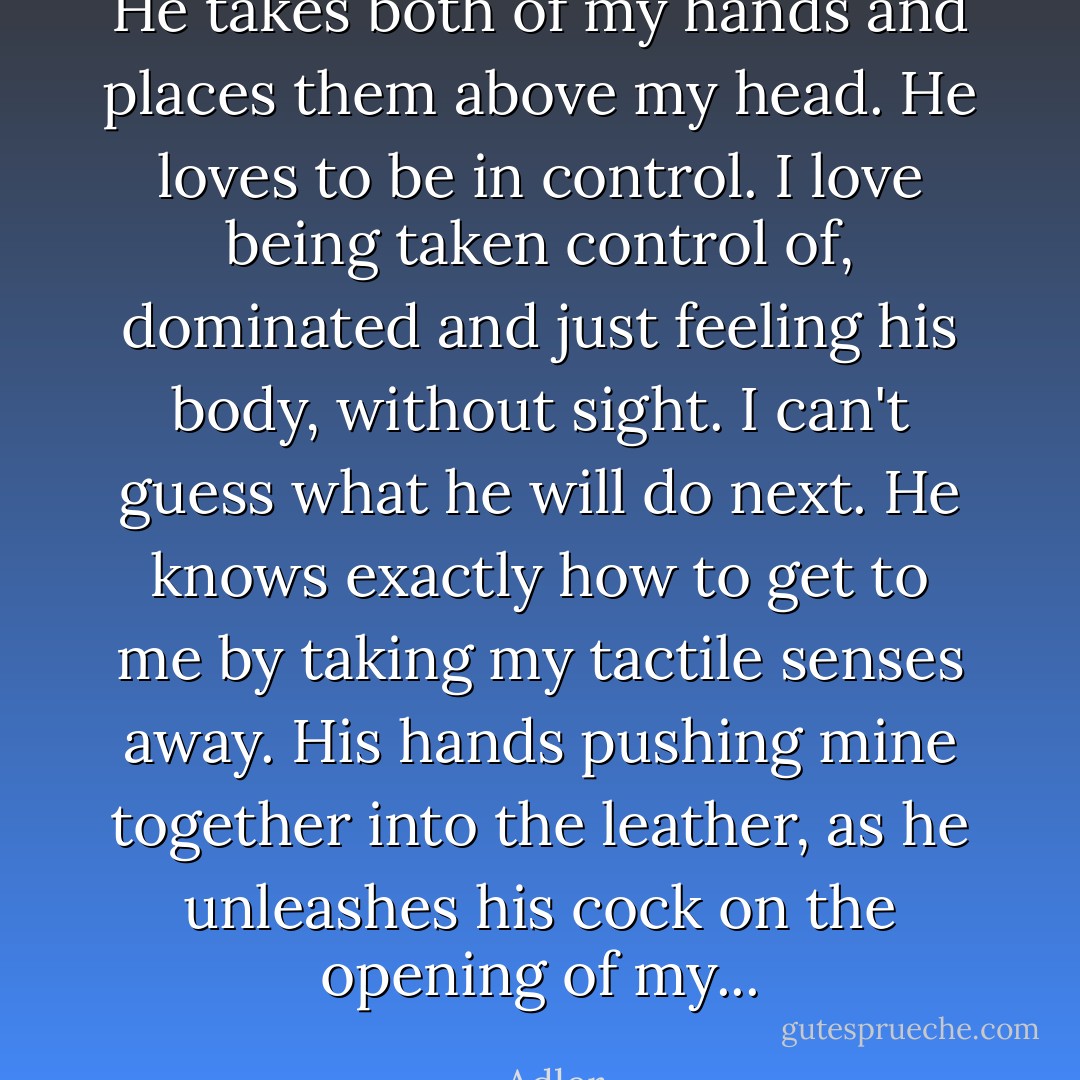 He takes both of my hands and places them above my head. He loves to be in control. I love being taken control of, dominated and just feeling his body, without sight. I can't guess what he will do next. He knows exactly how to get to me by taking my tactile senses away. His hands pushing mine together into the leather, as he unleashes his cock on the opening of my... - Adler