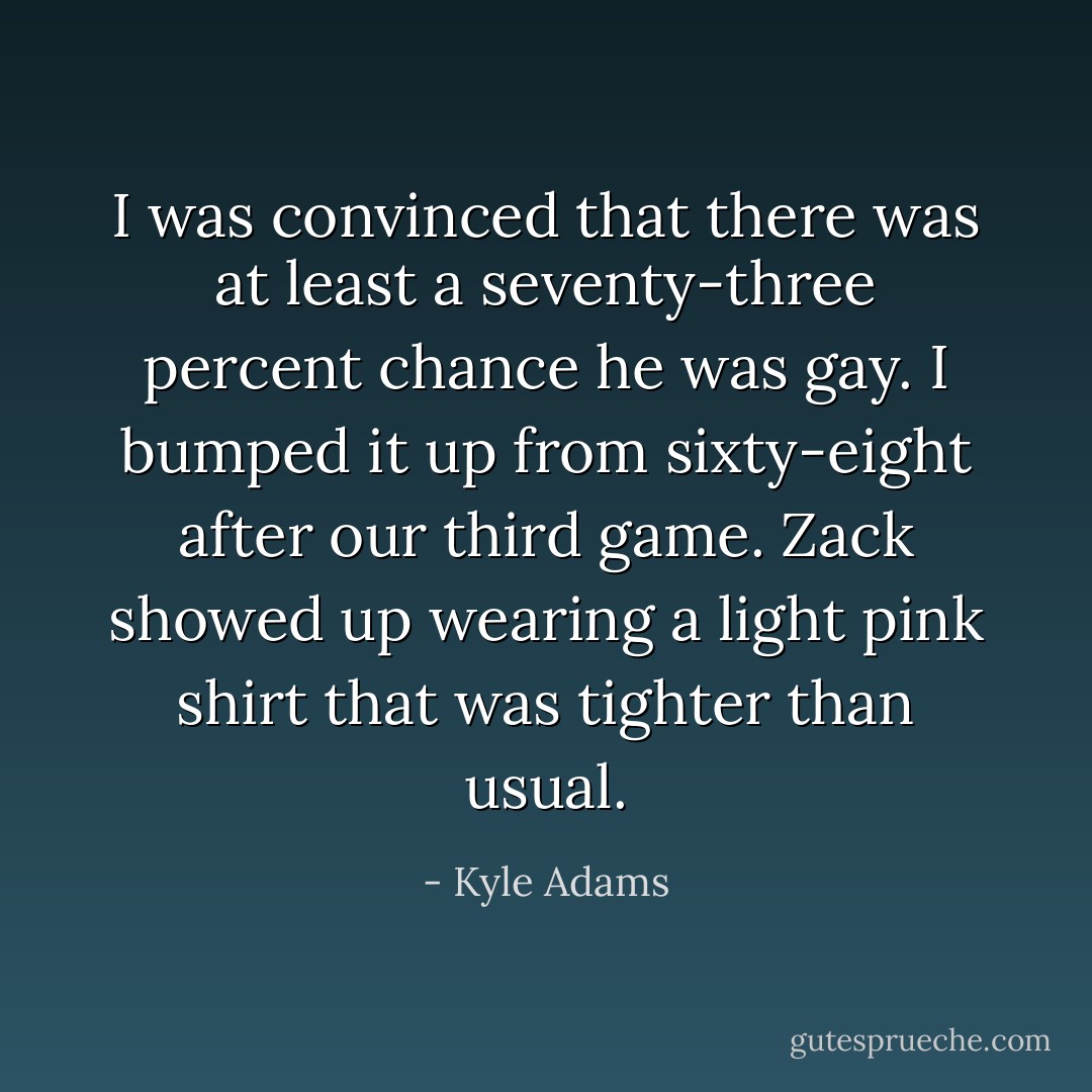 I was convinced that there was at least a seventy-three percent chance he was gay. I bumped it up from sixty-eight after our third game. Zack showed up wearing a light pink shirt that was tighter than usual. - Kyle Adams