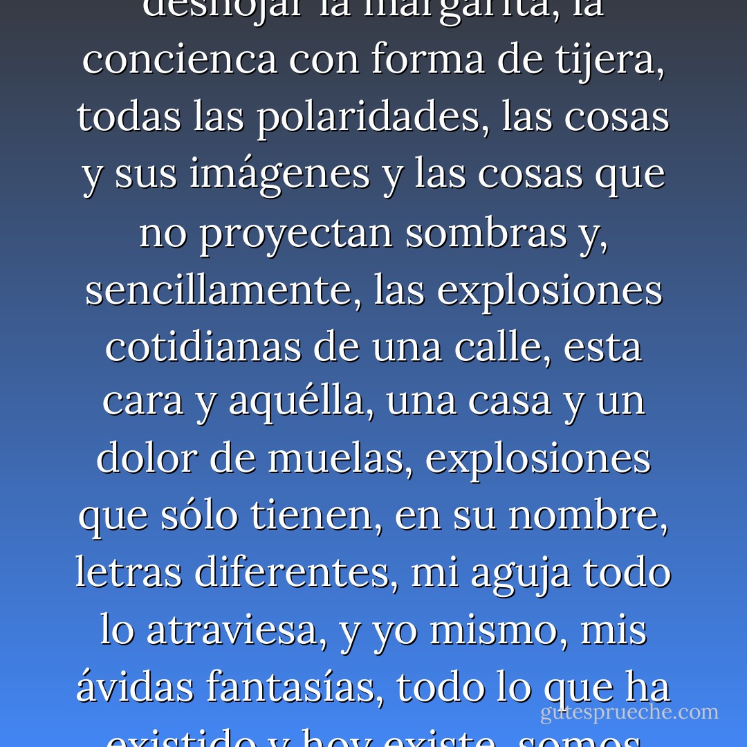 Todas las disparidades del mundo, las diversas alas de la paradoja, las dos caras del problema, las preguntas de deshojar la margarita, la concienca con forma de tijera, todas las polaridades, las cosas y sus imágenes y las cosas que no proyectan sombras y, sencillamente, las explosiones cotidianas de una calle, esta cara y aquélla, una casa y un dolor de muelas, explosiones que sólo tienen, en su nombre, letras diferentes, mi aguja todo lo atraviesa, y yo mismo, mis ávidas fantasías, todo lo que ha existido y hoy existe, somos parte de un collar de imcomprensible belleza y falta de sentido. - Leonard Cohen