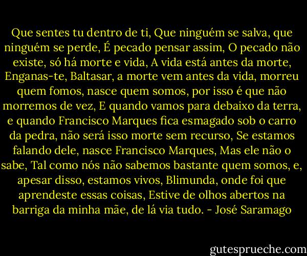 Que sentes tu dentro de ti, Que ninguém se salva, que ninguém se perde, É pecado pensar assim, O pecado não existe, só há morte e vida, A vida está antes da morte, Enganas-te, Baltasar, a morte vem antes da vida, morreu quem fomos, nasce quem somos, por isso é que não morremos de vez, E quando vamos para debaixo da terra, e quando Francisco Marques fica esmagado sob o carro da pedra, não será isso morte sem recurso, Se estamos falando dele, nasce Francisco Marques, Mas ele não o sabe, Tal como nós não sabemos bastante quem somos, e, apesar disso, estamos vivos, Blimunda, onde foi que aprendeste essas coisas, Estive de olhos abertos na barriga da minha mãe, de lá via tudo. - José Saramago