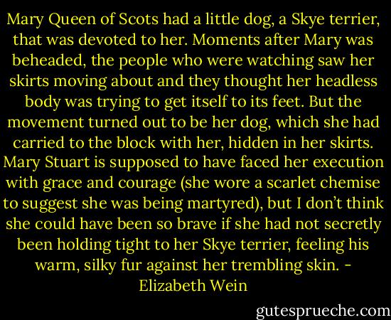 Mary Queen of Scots had a little dog, a Skye terrier, that was devoted to her. Moments after Mary was beheaded, the people who were watching saw her skirts moving about and they thought her headless body was trying to get itself to its feet. But the movement turned out to be her dog, which she had carried to the block with her, hidden in her skirts. Mary Stuart is supposed to have faced her execution with grace and courage (she wore a scarlet chemise to suggest she was being martyred), but I don’t think she could have been so brave if she had not secretly been holding tight to her Skye terrier, feeling his warm, silky fur against her trembling skin. - Elizabeth Wein
