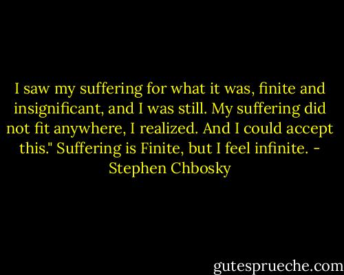I saw my suffering for what it was, finite and insignificant, and I was still. My suffering did not fit anywhere, I realized. And I could accept this." Suffering is Finite, but I feel infinite. - Stephen Chbosky