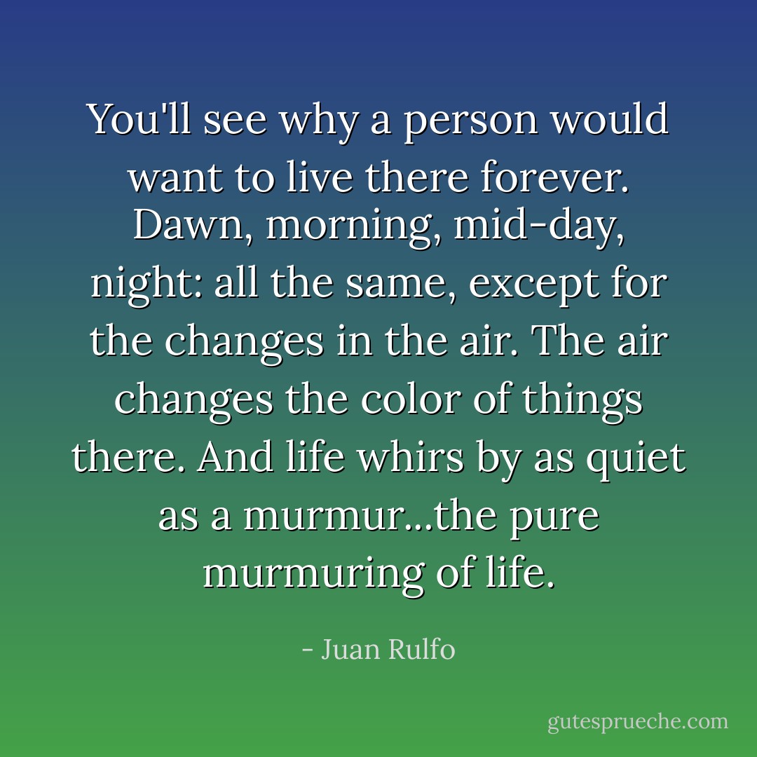 You'll see why a person would want to live there forever. Dawn, morning, mid-day, night: all the same, except for the changes in the air. The air changes the color of things there. And life whirs by as quiet as a murmur...the pure murmuring of life. - Juan Rulfo