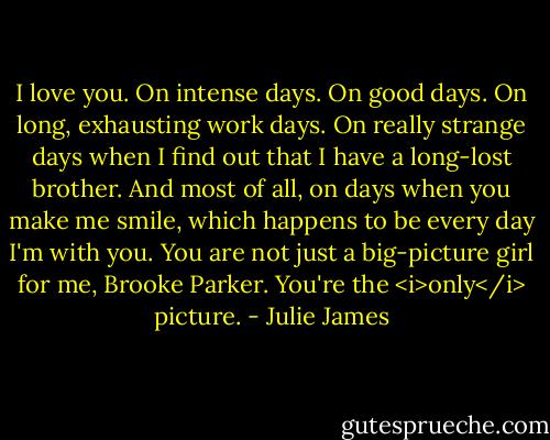 I love you. On intense days. On good days. On long, exhausting work days. On really strange days when I find out that I have a long-lost brother. And most of all, on days when you make me smile, which happens to be every day I'm with you. You are not just a big-picture girl for me, Brooke Parker. You're the <i>only</i> picture. - Julie James