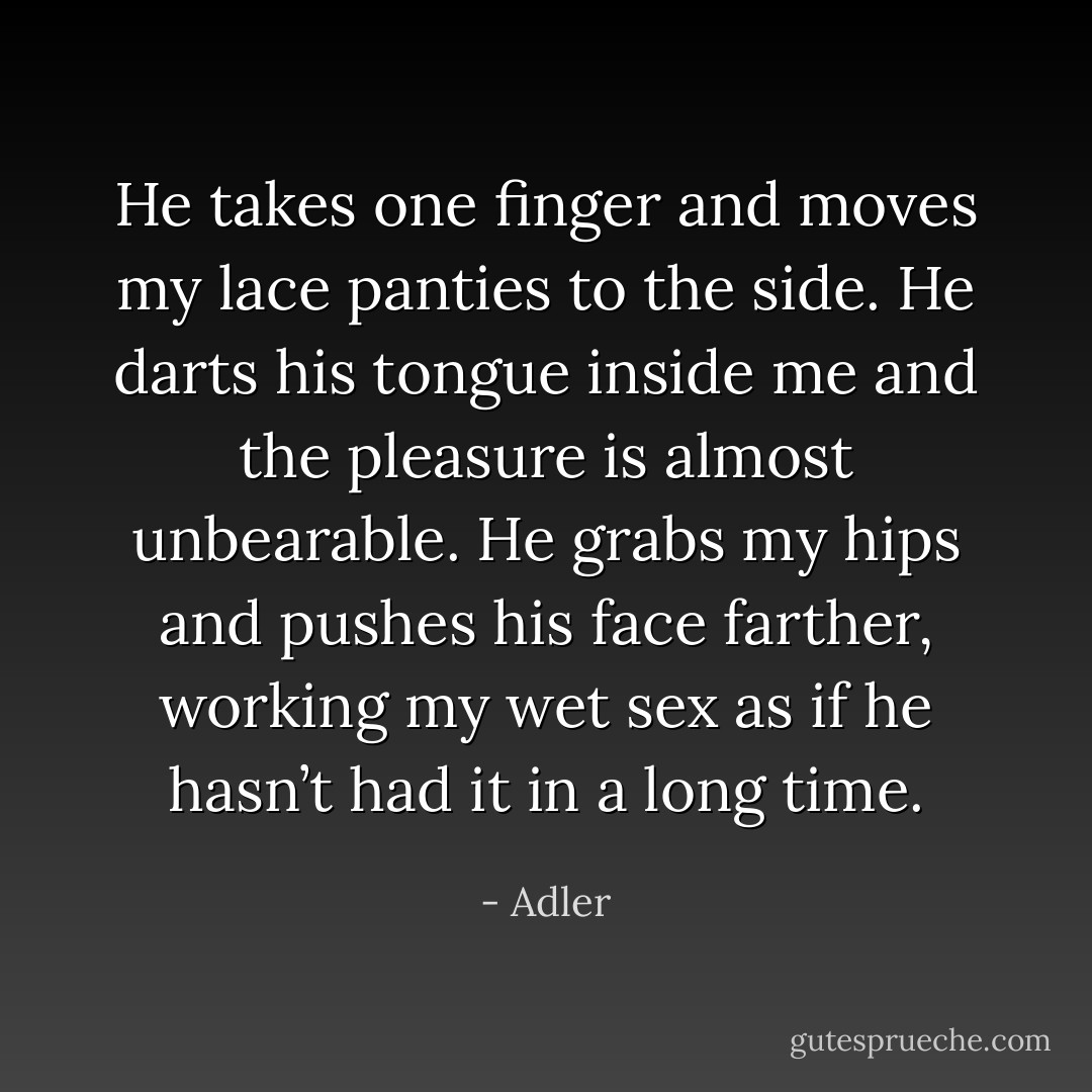 He takes one finger and moves my lace panties to the side. He darts his tongue inside me and the pleasure is almost unbearable. He grabs my hips and pushes his face farther, working my wet sex as if he hasn’t had it in a long time. - Adler