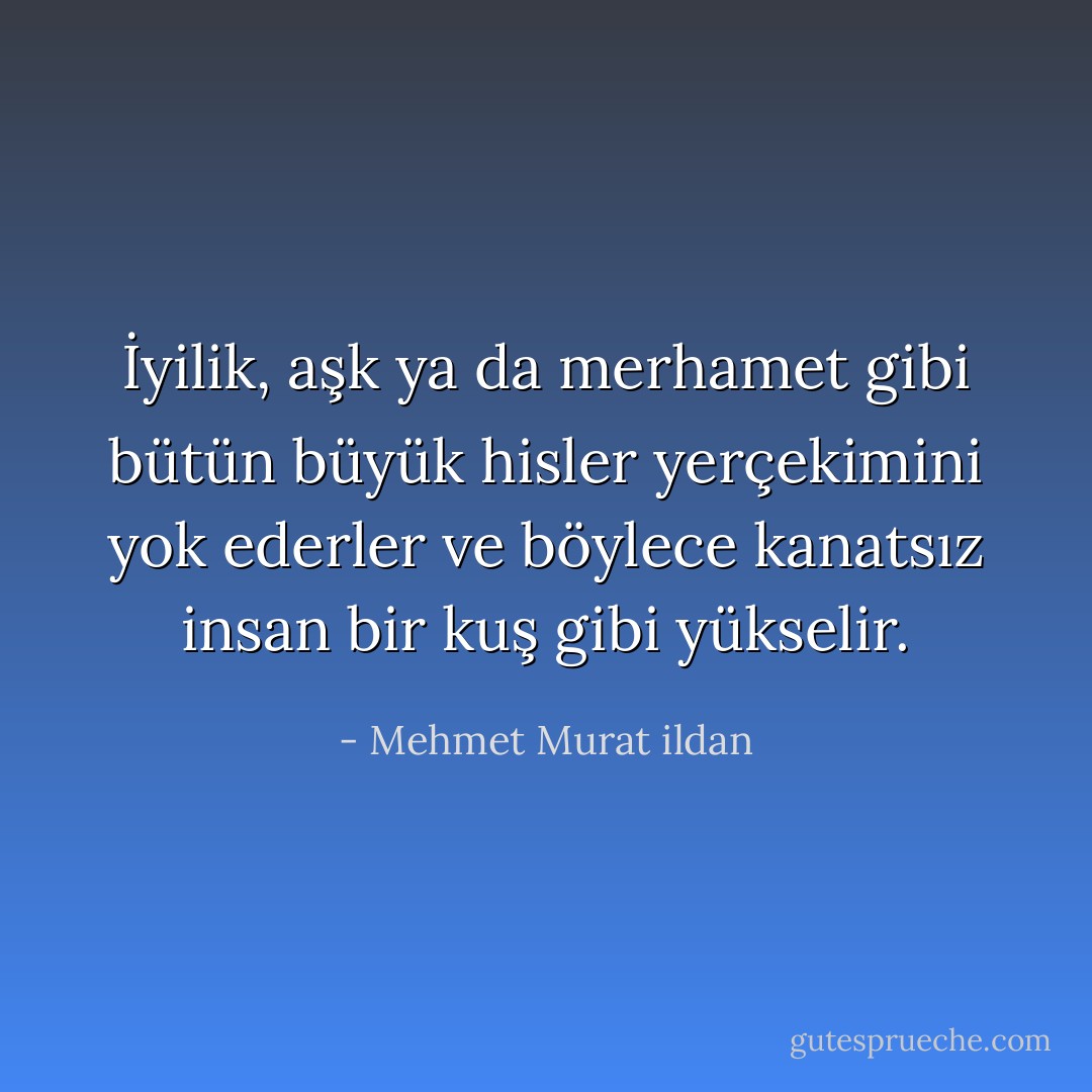 İyilik, aşk ya da merhamet gibi bütün büyük hisler yerçekimini yok ederler ve böylece kanatsız insan bir kuş gibi yükselir. - Mehmet Murat ildan