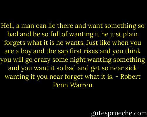 Hell, a man can lie there and want something so bad and be so full of wanting it he just plain forgets what it is he wants. Just like when you are a boy and the sap first rises and you think you will go crazy some night wanting something and you want it so bad and get so near sick wanting it you near forget what it is. - Robert Penn Warren