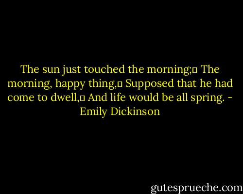 The sun just touched the morning;	<br />The morning, happy thing,	<br />Supposed that he had come to dwell,	<br />And life would be all spring. - Emily Dickinson