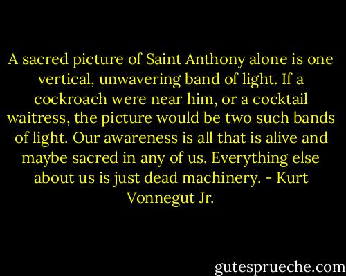 A sacred picture of Saint Anthony alone is one vertical, unwavering band of light. If a cockroach were near him, or a cocktail waitress, the picture would be two such bands of light. Our awareness is all that is alive and maybe sacred in any of us. Everything else about us is just dead machinery. - Kurt Vonnegut Jr.